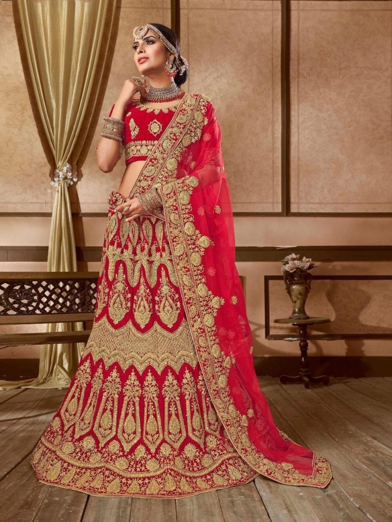 Heavy Velvet Gold and Red Embroidered Bridal Lehenga and Choli