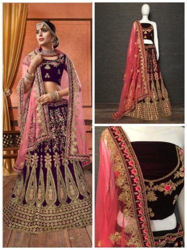 Heavy Velvet Maroon and Gold Zariwork with Pink Thread Embroidery Bridal Lehenga and Choli