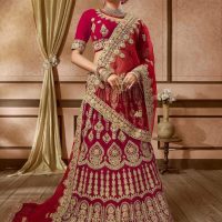Heavy Velvet Red and Gold Embroidered Bridal Lehenga and Choli