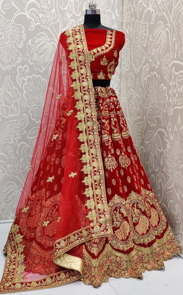 Heavy Velvet Peacock Gold Embroidery Bridal Lehenga Red and Gold