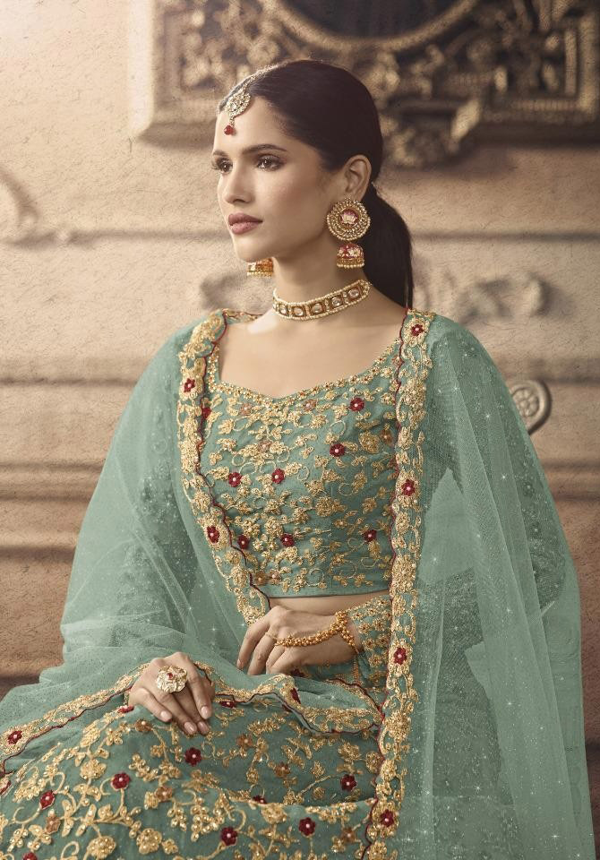 Mint Green and Gold Floral Embroidered Zari Bridal Lehenga1