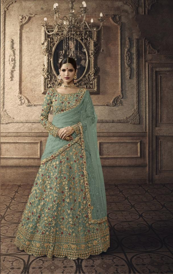 Mint Green and Gold Floral Embroidered Zari Bridal Lehenga 2