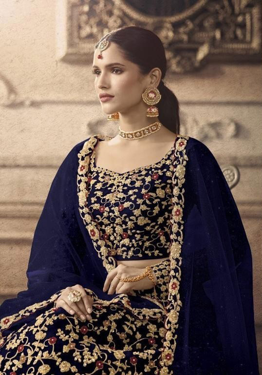 Navy Blue and Gold Floral Embroidered Zari Bridal Lehenga 1