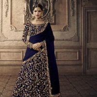 Navy Blue and Gold Floral Embroidered Zari Bridal Lehenga 2
