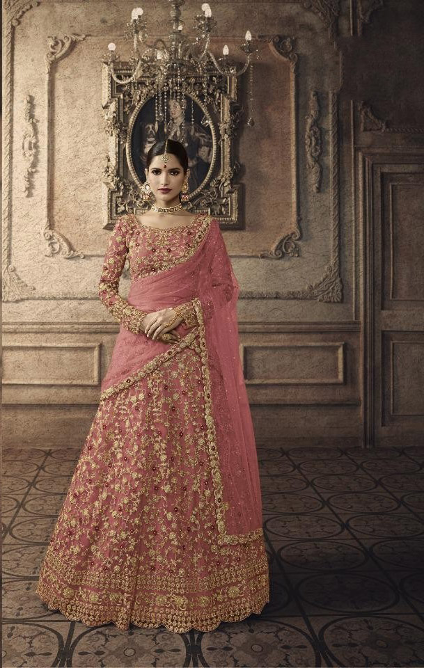 Pink and Gold Floral Embroidered Zari Bridal Lehenga 2