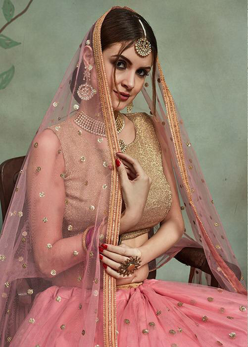 Pink and Gold Sequins Lehenga 0