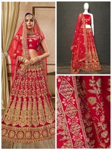 Heavy Velvet Red and Gold Zari Work and Pink Thread Embroidery Bridal Lehenga and Choli