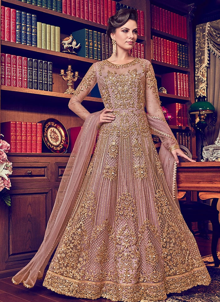 Dusky Pink Net with Antique Gold Embroidery Anarkali Standing
