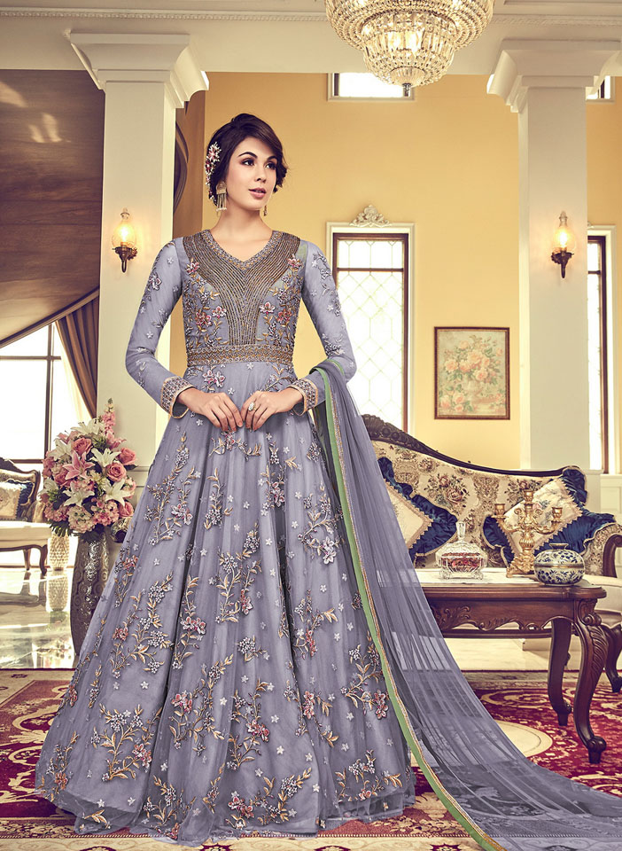 Lilac With Pink Floral Embroidery Anarkali