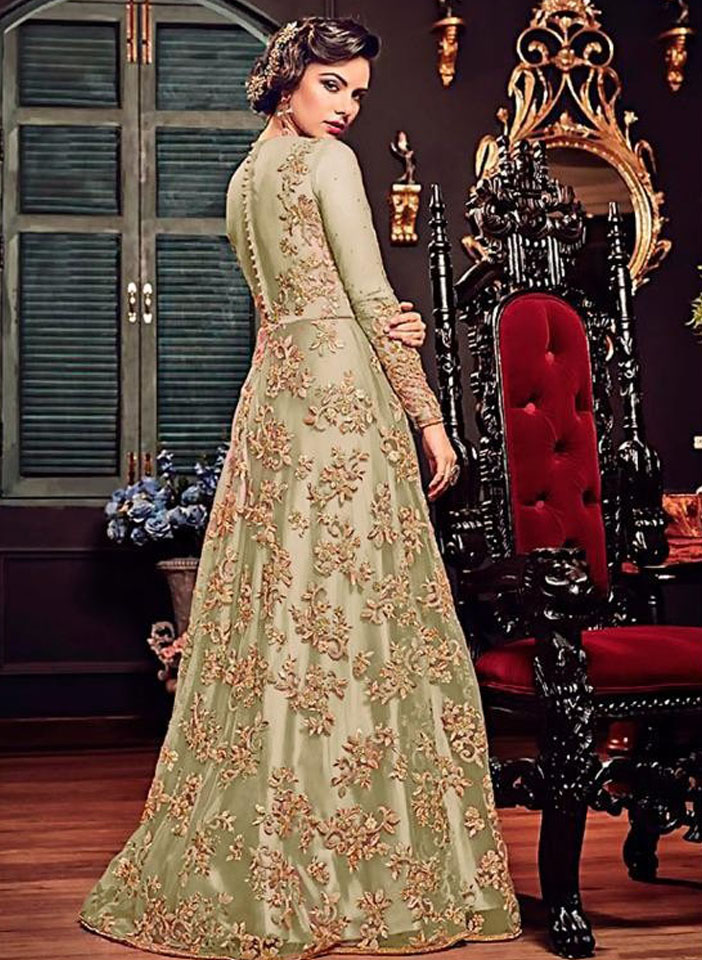 Lime Green Net with Gold Zari Embroidery and Stonework Anarkali Back Shot