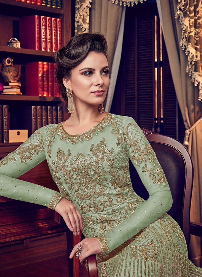 Mint Green Net with Antique Gold Embroidery Anarkali Seated
