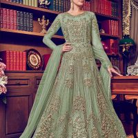 Mint Green Net with Antique Gold Embroidery Anarkali Standing