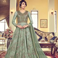 Mint Green with Pink Floral Embroidery Anarkali