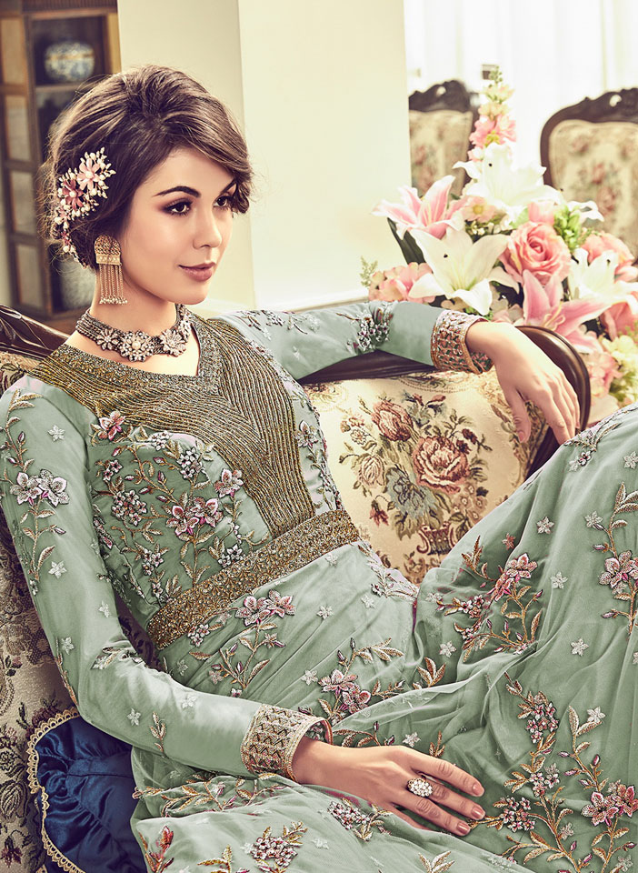 Mint Green with Pink Floral Embroidery Anarkali Seated