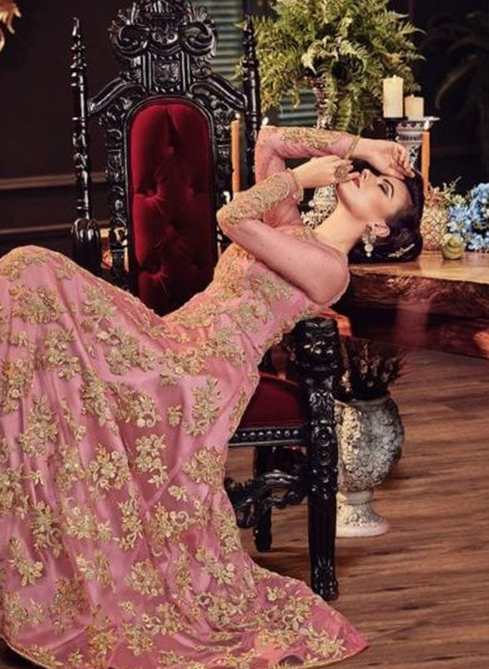 Pink Net with Gold Zari Embroidery and Stonework Anarkali Sit Shot