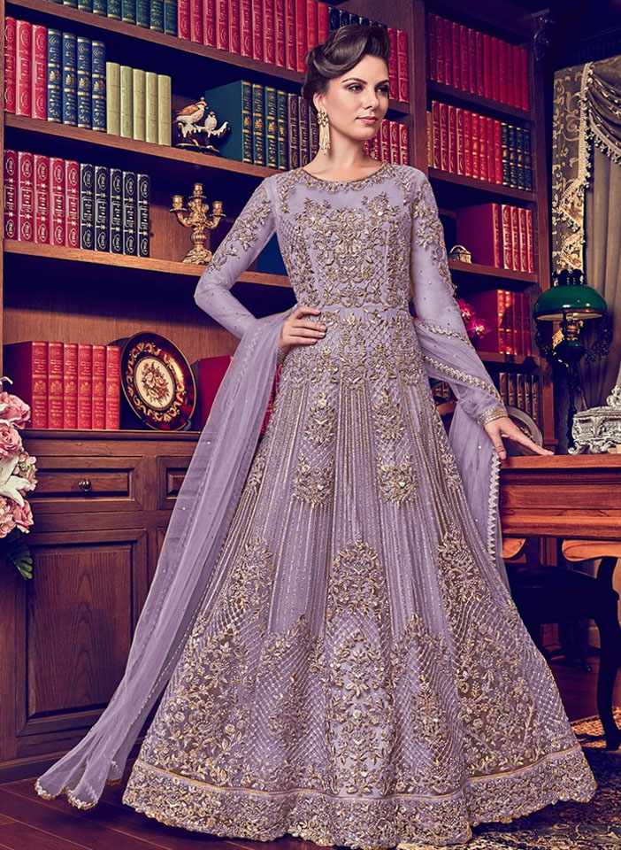 Purple Net with Antique Gold Embroidery Anarkali Standing