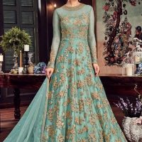 Turquoise Net with Zari Gold Embroidery and Stonework Anarkali