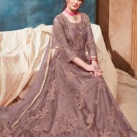 Brown Net Floral Thread Embroidered Anarkali Seated shot