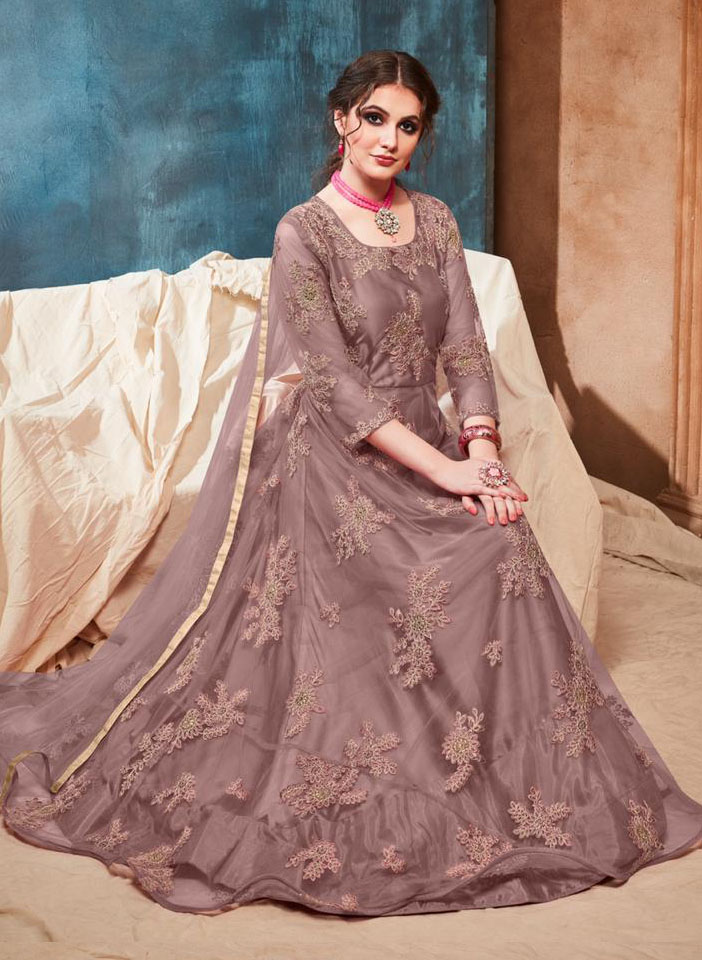 Brown Net Floral Thread Embroidered Anarkali Seated shot