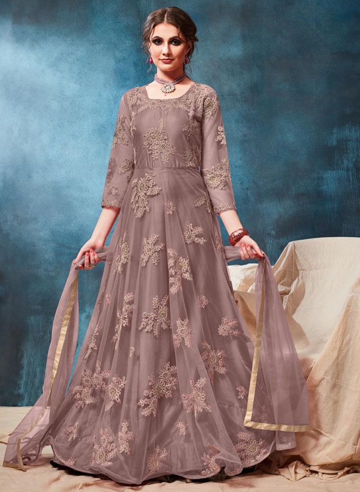 Brown Net Floral Thread Embroidered Anarkali Standing