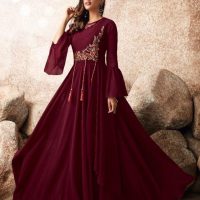 Maroon Flared with Pink Floral Front Panel with Three Tassels Anarkali Standing Shot