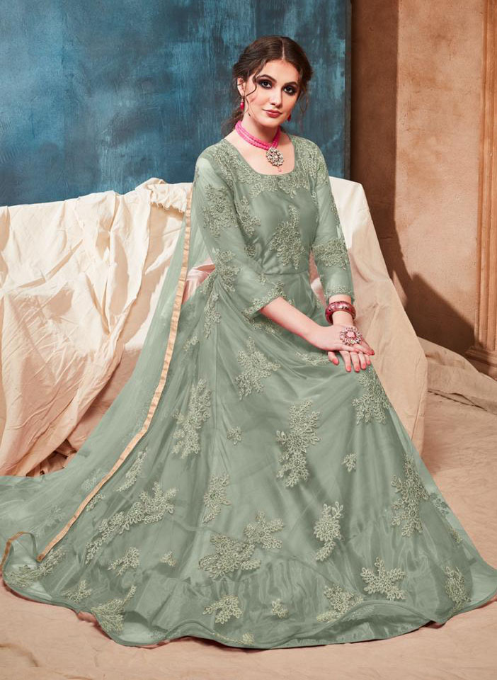 Mint Green Net Floral Thread Embroidery Anarkali Seated