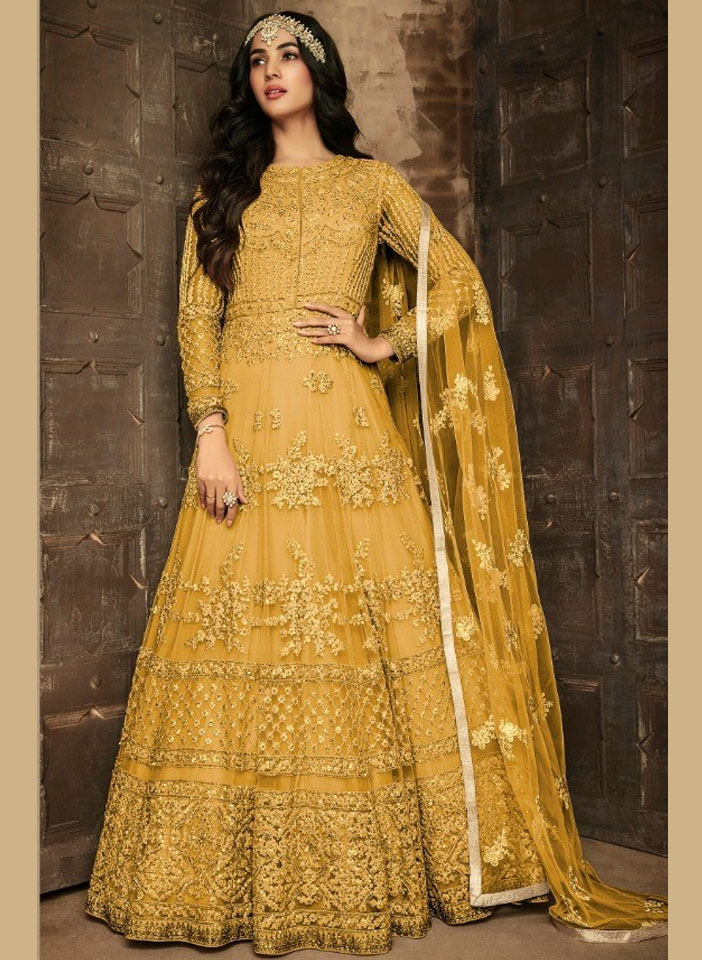 Mustard Heavy Net EMBROIDERED SEQUINS and Threadwork Anarkali full standing