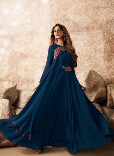 Navy Blue Flared with Attached Dupatta with Pink Floral Embroidery Anarkali Standing Shot