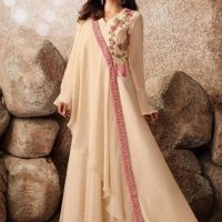 Peach Flared Layered Side Panel Overlap Pink and Gold Floral Embroidery Anarkali Standing Shot