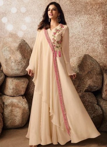 Peach Flared Layered Side Panel Overlap Pink and Gold Floral Embroidery Anarkali Standing Shot