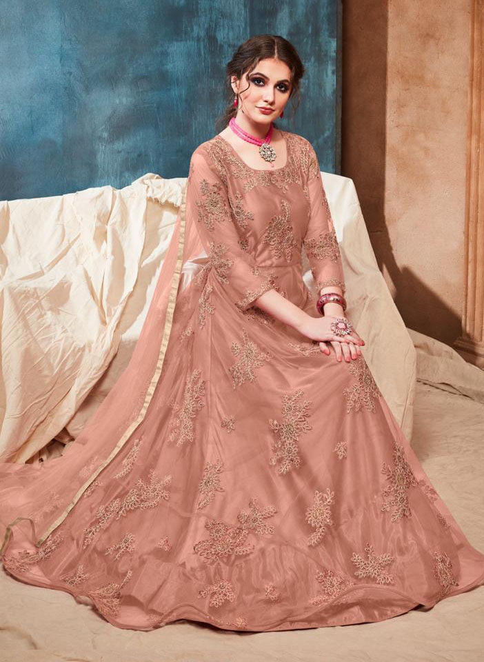 Peach Net Floral Thread Embroidery Anarkali Seated