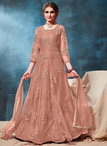 Peach Net Floral Thread Embroidery Anarkali Standing Shot
