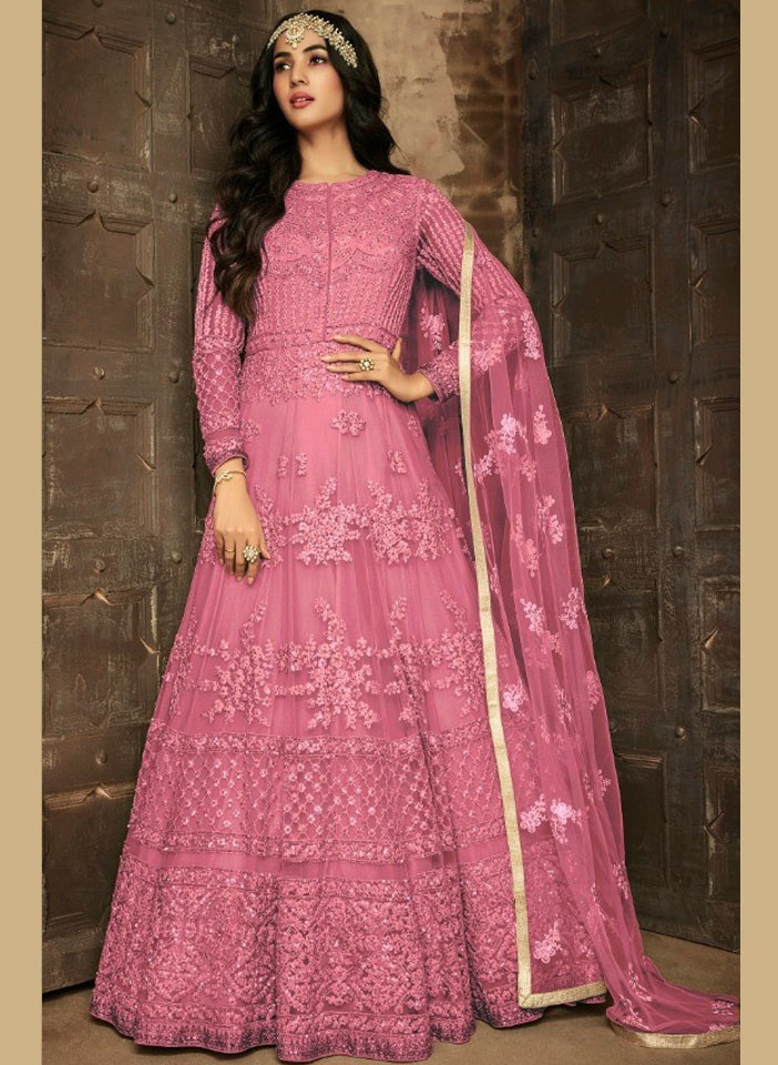 Pink Heavy Net EMBROIDERED SEQUINS and Threadwork Anarkali Full standing