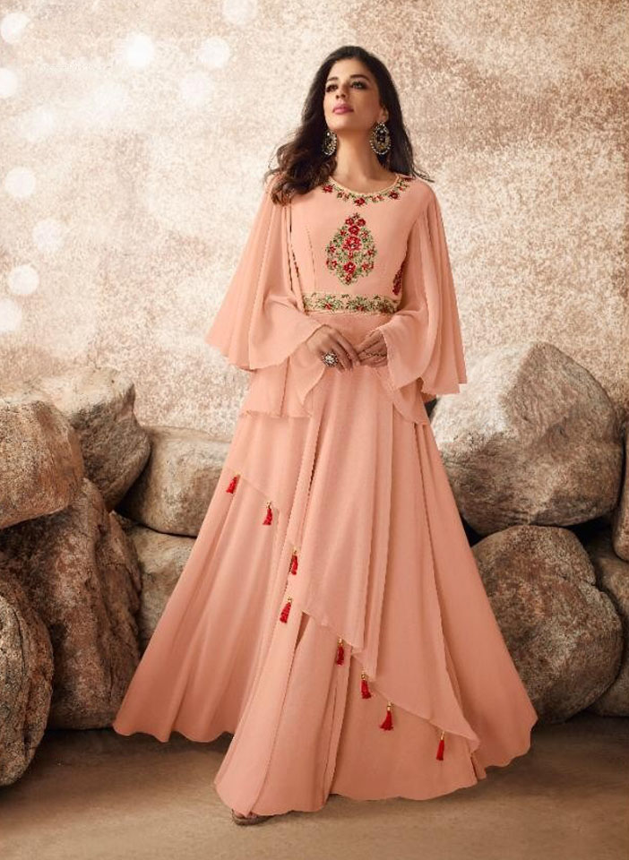 Pink Layered Flared Anarkali with dark pink and green embroidery Standing Shot Pose