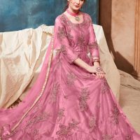Pink Net Floral Thread Embroidery Anarkali Seated Shot