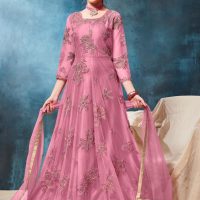 Pink Net Floral Thread Embroidery Anarkali Standing Shot