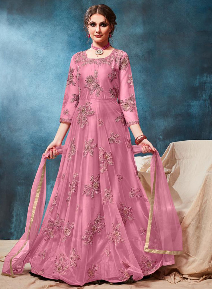 Pink Net Floral Thread Embroidery Anarkali Standing Shot