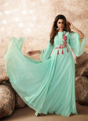 Turquoise Flared and Layered with Floral Pink Embroidered Front Panel Anarkali Standing Pose