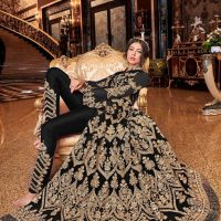 Black Heavy Net Embroidery Slit Anarkali Gown Seated