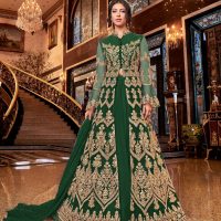 Dark Green Heavy Net Gold Embroidery Slit Anarkali Gown Standing