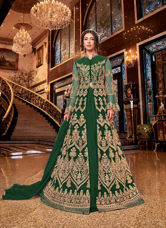 Dark Green Heavy Net Gold Embroidery Slit Anarkali Gown Standing