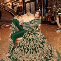 Dark GreenHeavy Net Gold Embroidery Slit Anarkali Gown Seated