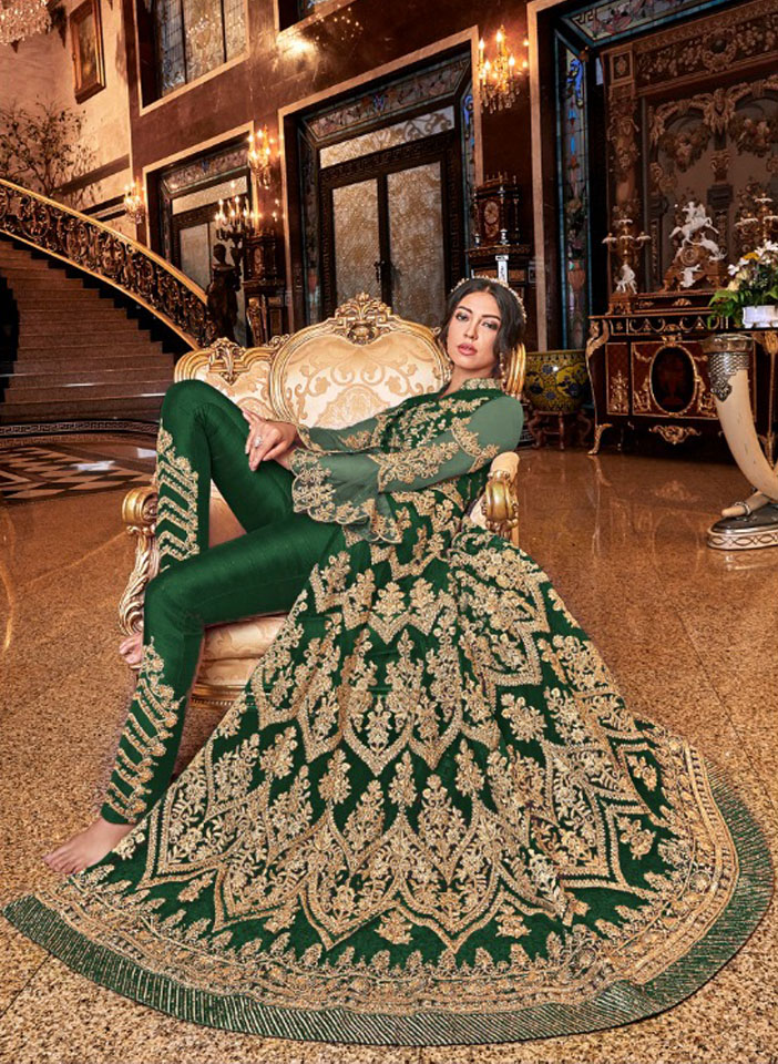 Dark GreenHeavy Net Gold Embroidery Slit Anarkali Gown Seated