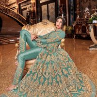 Heavy Net Gold Embroidery Slit Anarkali Gown Seated
