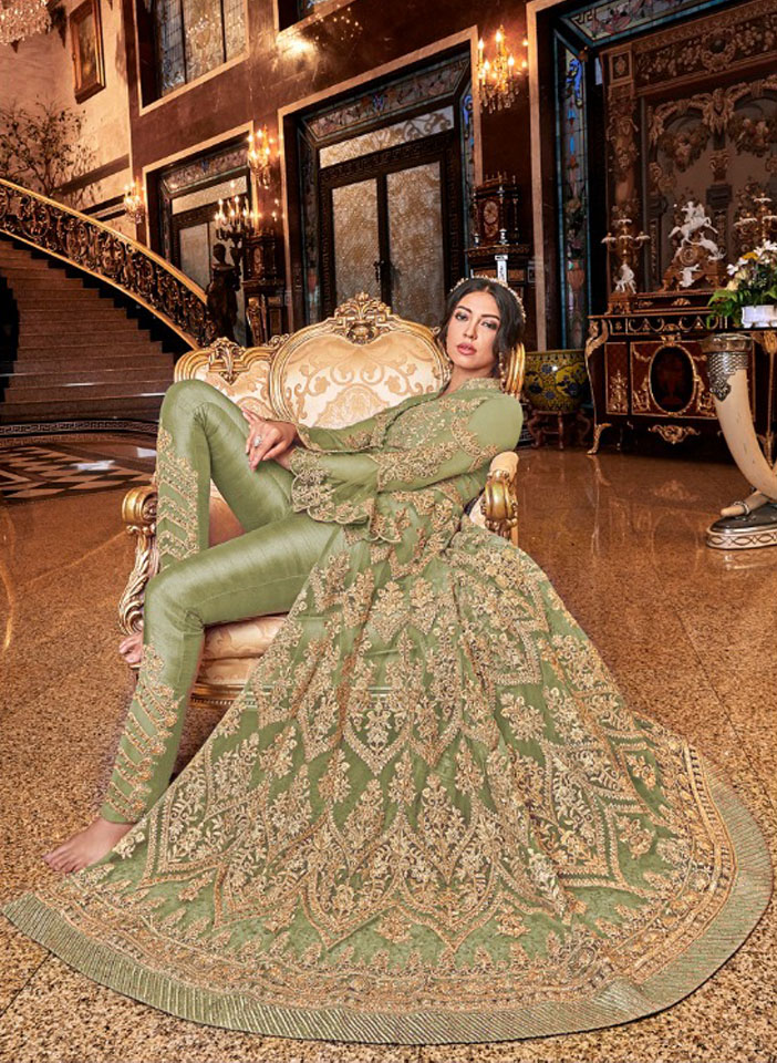 Lime Green Heavy Net Gold Embroidery Slit Anarkali Gown Seated