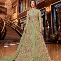 Lime Green Heavy Net Gold Embroidery Slit Anarkali Gown Standing