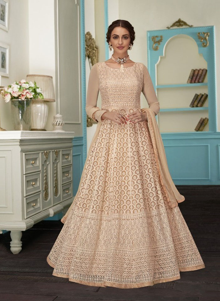 Peach white embroidery intircate pattern Anarkali standing