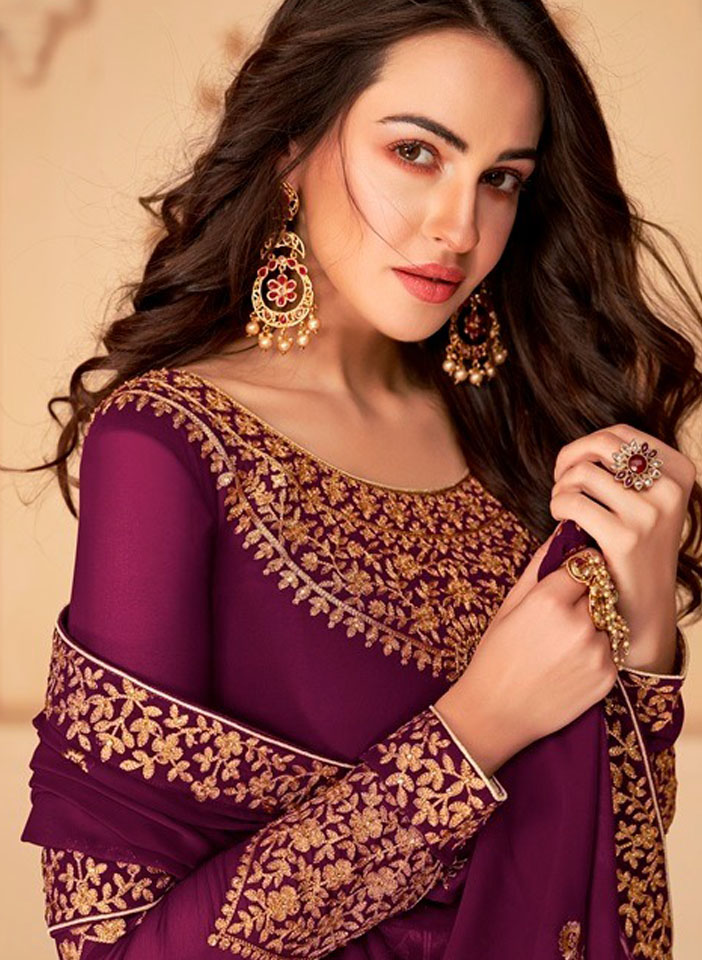 Purple Slit Bodice Embroidery Anarkali Close Up Shot