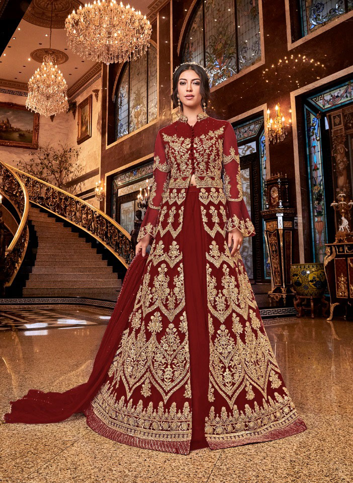 Red Heavy Net Gold Embroidery Slit Anarkali Gown Standing