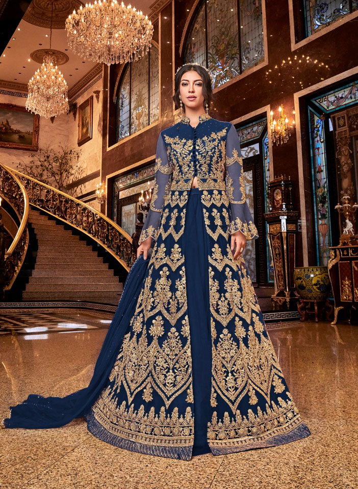 Royal Blue Heavy Net Gold Embroidery Slit Anarkali Standing